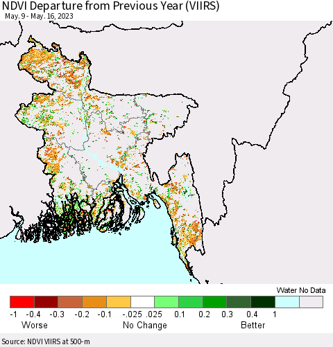 Bangladesh NDVI Departure from Previous Year (VIIRS) Thematic Map For 5/9/2023 - 5/16/2023