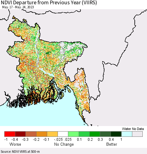 Bangladesh NDVI Departure from Previous Year (VIIRS) Thematic Map For 5/17/2023 - 5/24/2023