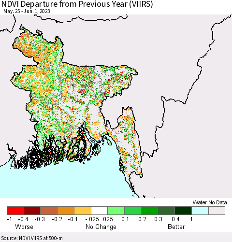 Bangladesh NDVI Departure from Previous Year (VIIRS) Thematic Map For 5/25/2023 - 6/1/2023