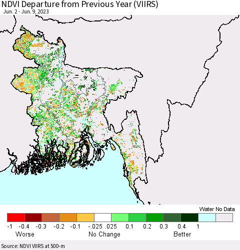 Bangladesh NDVI Departure from Previous Year (VIIRS) Thematic Map For 6/2/2023 - 6/9/2023