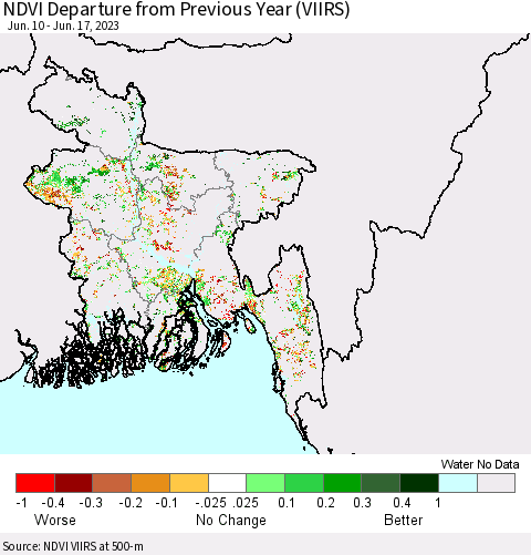 Bangladesh NDVI Departure from Previous Year (VIIRS) Thematic Map For 6/10/2023 - 6/17/2023