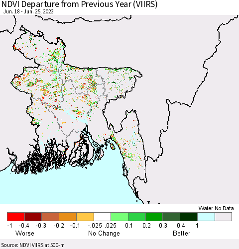 Bangladesh NDVI Departure from Previous Year (VIIRS) Thematic Map For 6/18/2023 - 6/25/2023