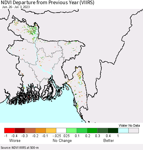 Bangladesh NDVI Departure from Previous Year (VIIRS) Thematic Map For 6/26/2023 - 7/3/2023