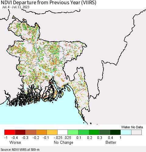 Bangladesh NDVI Departure from Previous Year (VIIRS) Thematic Map For 7/4/2023 - 7/11/2023