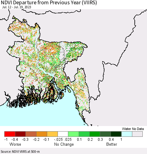 Bangladesh NDVI Departure from Previous Year (VIIRS) Thematic Map For 7/12/2023 - 7/19/2023