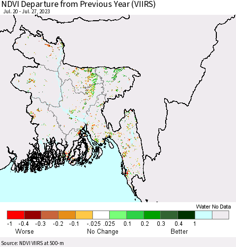 Bangladesh NDVI Departure from Previous Year (VIIRS) Thematic Map For 7/20/2023 - 7/27/2023