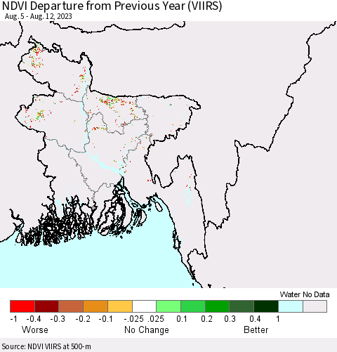 Bangladesh NDVI Departure from Previous Year (VIIRS) Thematic Map For 8/5/2023 - 8/12/2023