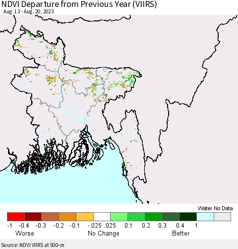 Bangladesh NDVI Departure from Previous Year (VIIRS) Thematic Map For 8/13/2023 - 8/20/2023