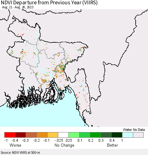 Bangladesh NDVI Departure from Previous Year (VIIRS) Thematic Map For 8/21/2023 - 8/28/2023