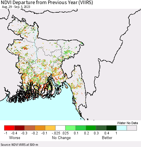 Bangladesh NDVI Departure from Previous Year (VIIRS) Thematic Map For 8/29/2023 - 9/5/2023