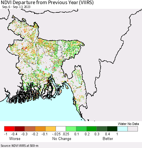 Bangladesh NDVI Departure from Previous Year (VIIRS) Thematic Map For 9/6/2023 - 9/13/2023