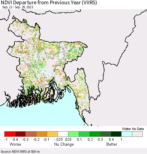 Bangladesh NDVI Departure from Previous Year (VIIRS) Thematic Map For 9/22/2023 - 9/29/2023