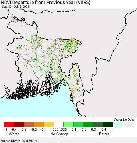 Bangladesh NDVI Departure from Previous Year (VIIRS) Thematic Map For 9/30/2023 - 10/7/2023