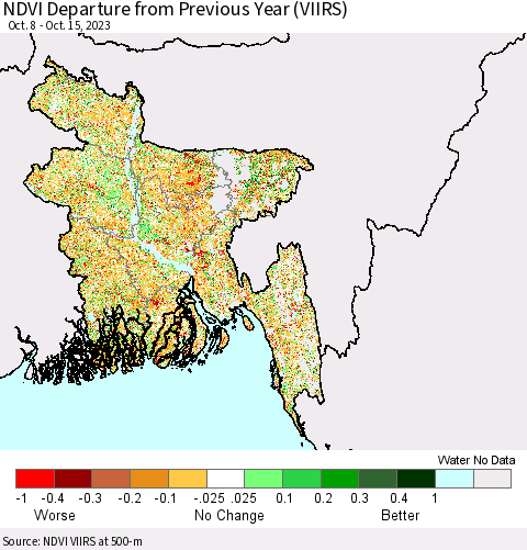 Bangladesh NDVI Departure from Previous Year (VIIRS) Thematic Map For 10/8/2023 - 10/15/2023