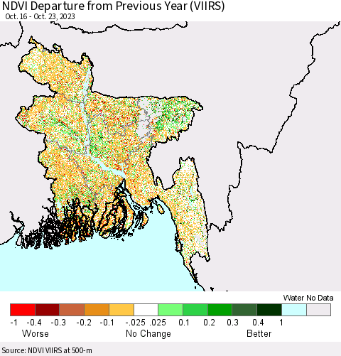 Bangladesh NDVI Departure from Previous Year (VIIRS) Thematic Map For 10/16/2023 - 10/23/2023