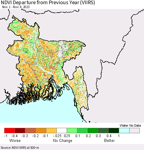 Bangladesh NDVI Departure from Previous Year (VIIRS) Thematic Map For 11/1/2023 - 11/8/2023