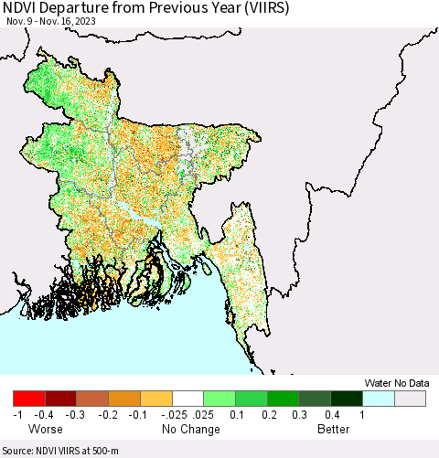 Bangladesh NDVI Departure from Previous Year (VIIRS) Thematic Map For 11/9/2023 - 11/16/2023