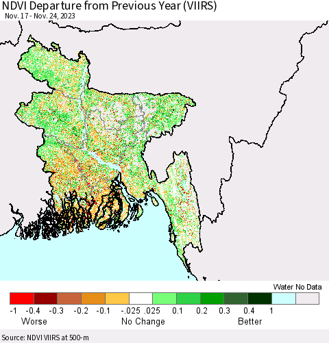 Bangladesh NDVI Departure from Previous Year (VIIRS) Thematic Map For 11/17/2023 - 11/24/2023