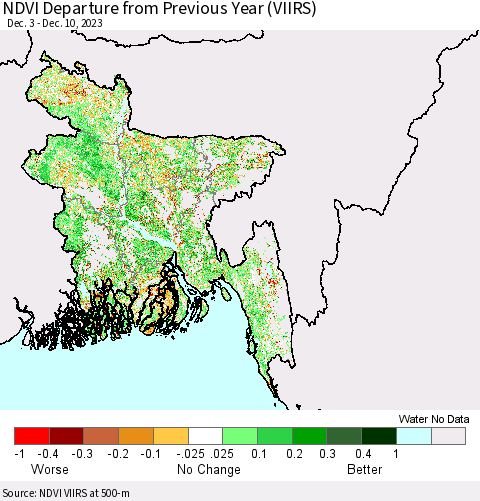 Bangladesh NDVI Departure from Previous Year (VIIRS) Thematic Map For 12/3/2023 - 12/10/2023