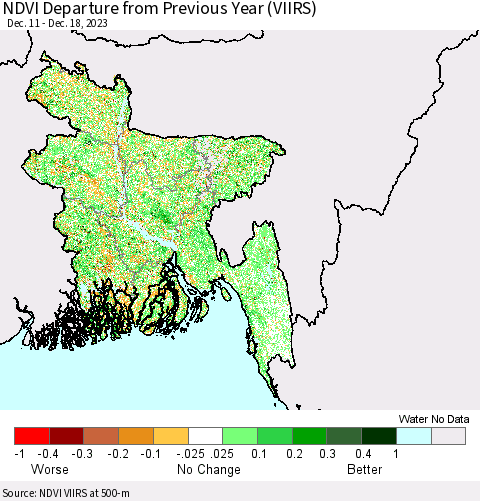 Bangladesh NDVI Departure from Previous Year (VIIRS) Thematic Map For 12/11/2023 - 12/18/2023