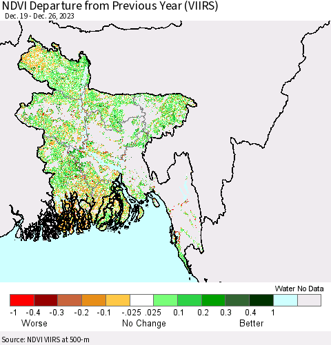 Bangladesh NDVI Departure from Previous Year (VIIRS) Thematic Map For 12/19/2023 - 12/26/2023