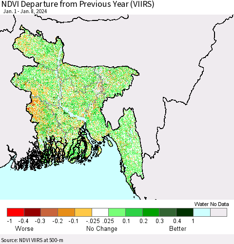 Bangladesh NDVI Departure from Previous Year (VIIRS) Thematic Map For 1/1/2024 - 1/8/2024