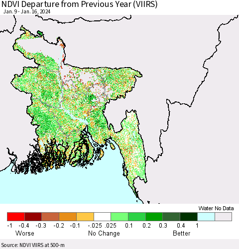 Bangladesh NDVI Departure from Previous Year (VIIRS) Thematic Map For 1/9/2024 - 1/16/2024