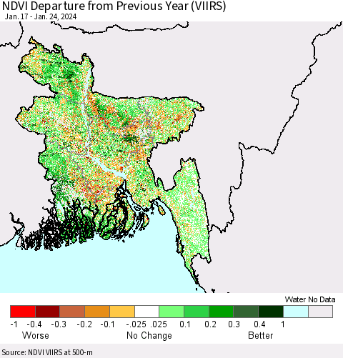 Bangladesh NDVI Departure from Previous Year (VIIRS) Thematic Map For 1/17/2024 - 1/24/2024