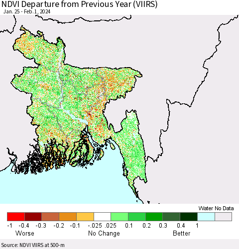 Bangladesh NDVI Departure from Previous Year (VIIRS) Thematic Map For 1/25/2024 - 2/1/2024