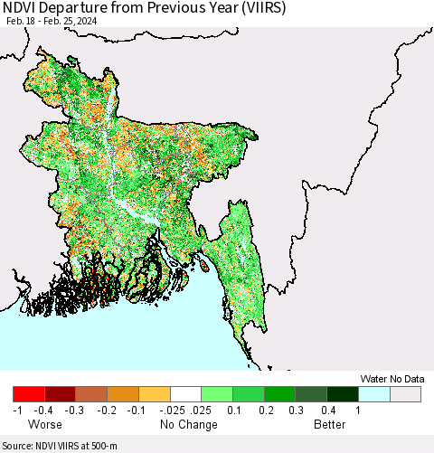 Bangladesh NDVI Departure from Previous Year (VIIRS) Thematic Map For 2/18/2024 - 2/25/2024