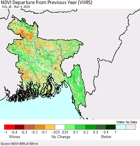 Bangladesh NDVI Departure from Previous Year (VIIRS) Thematic Map For 2/26/2024 - 3/4/2024