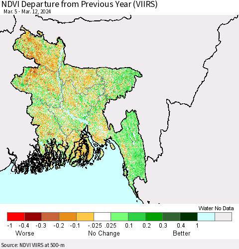 Bangladesh NDVI Departure from Previous Year (VIIRS) Thematic Map For 3/5/2024 - 3/12/2024