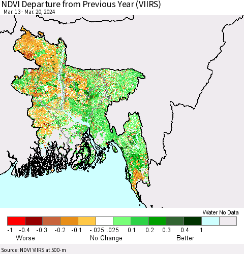 Bangladesh NDVI Departure from Previous Year (VIIRS) Thematic Map For 3/13/2024 - 3/20/2024