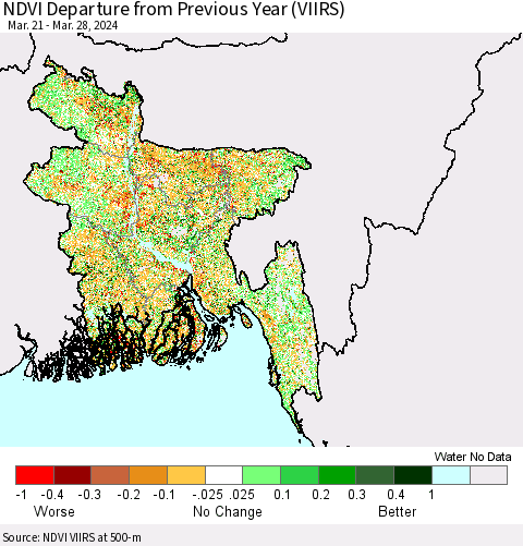 Bangladesh NDVI Departure from Previous Year (VIIRS) Thematic Map For 3/21/2024 - 3/28/2024