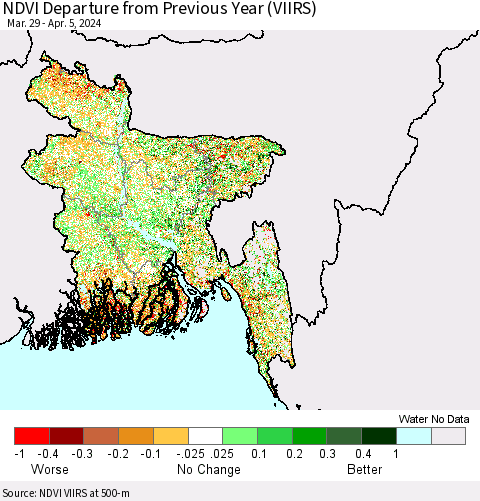 Bangladesh NDVI Departure from Previous Year (VIIRS) Thematic Map For 3/29/2024 - 4/5/2024