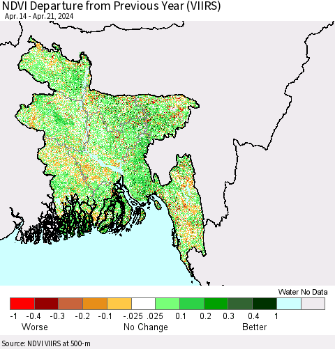 Bangladesh NDVI Departure from Previous Year (VIIRS) Thematic Map For 4/14/2024 - 4/21/2024