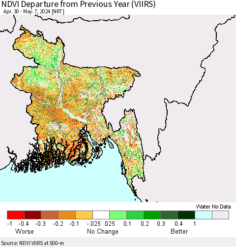 Bangladesh NDVI Departure from Previous Year (VIIRS) Thematic Map For 4/30/2024 - 5/7/2024