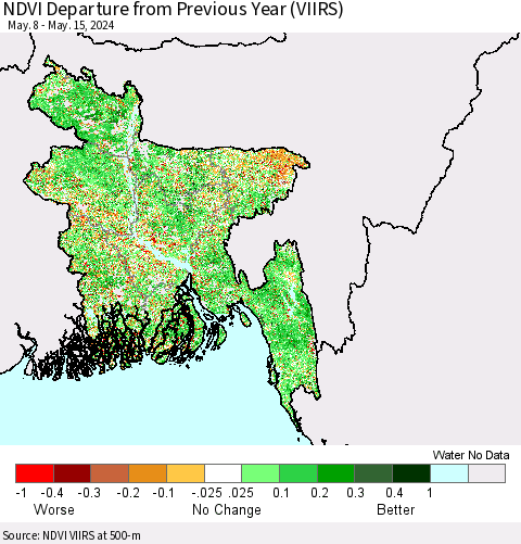 Bangladesh NDVI Departure from Previous Year (VIIRS) Thematic Map For 5/8/2024 - 5/15/2024