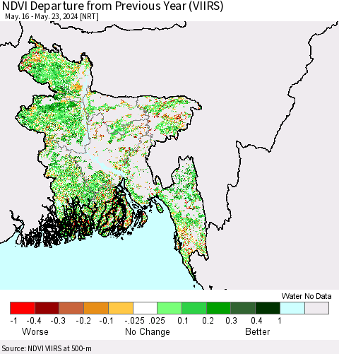 Bangladesh NDVI Departure from Previous Year (VIIRS) Thematic Map For 5/16/2024 - 5/23/2024