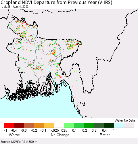 Bangladesh Cropland NDVI Departure from Previous Year (VIIRS) Thematic Map For 7/28/2021 - 8/4/2021