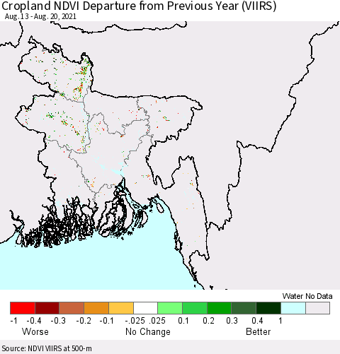 Bangladesh Cropland NDVI Departure from Previous Year (VIIRS) Thematic Map For 8/13/2021 - 8/20/2021