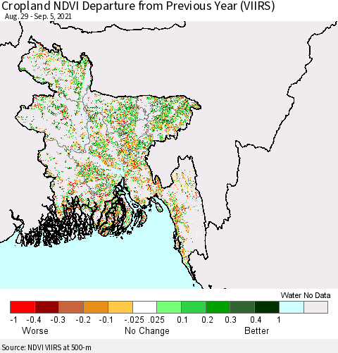Bangladesh Cropland NDVI Departure from Previous Year (VIIRS) Thematic Map For 8/29/2021 - 9/5/2021