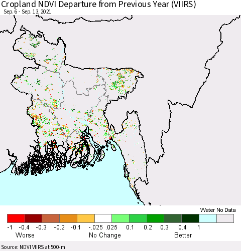 Bangladesh Cropland NDVI Departure from Previous Year (VIIRS) Thematic Map For 9/6/2021 - 9/13/2021