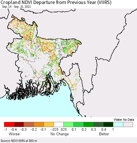 Bangladesh Cropland NDVI Departure from Previous Year (VIIRS) Thematic Map For 9/14/2021 - 9/21/2021