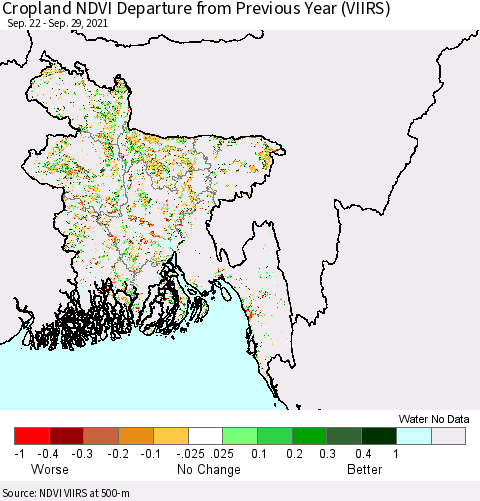 Bangladesh Cropland NDVI Departure from Previous Year (VIIRS) Thematic Map For 9/22/2021 - 9/29/2021