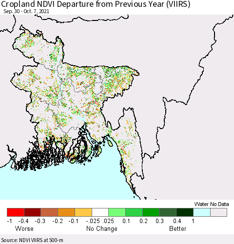Bangladesh Cropland NDVI Departure from Previous Year (VIIRS) Thematic Map For 9/30/2021 - 10/7/2021