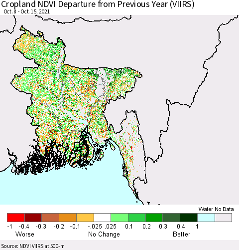 Bangladesh Cropland NDVI Departure from Previous Year (VIIRS) Thematic Map For 10/8/2021 - 10/15/2021