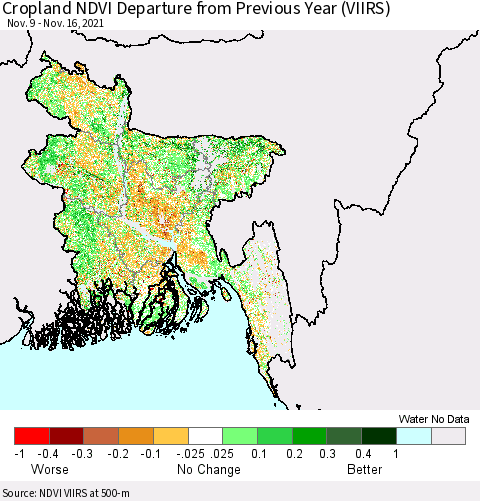 Bangladesh Cropland NDVI Departure from Previous Year (VIIRS) Thematic Map For 11/9/2021 - 11/16/2021