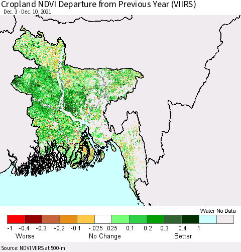 Bangladesh Cropland NDVI Departure from Previous Year (VIIRS) Thematic Map For 12/3/2021 - 12/10/2021