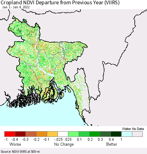 Bangladesh Cropland NDVI Departure from Previous Year (VIIRS) Thematic Map For 1/1/2022 - 1/8/2022